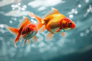 Fotobehang ively goldfish pair gracefully swimming in a serene, azure aquatic habitat, creating a captivating freshwater aquarium scene, autofocus, cinematic photography generative ai © Gilang