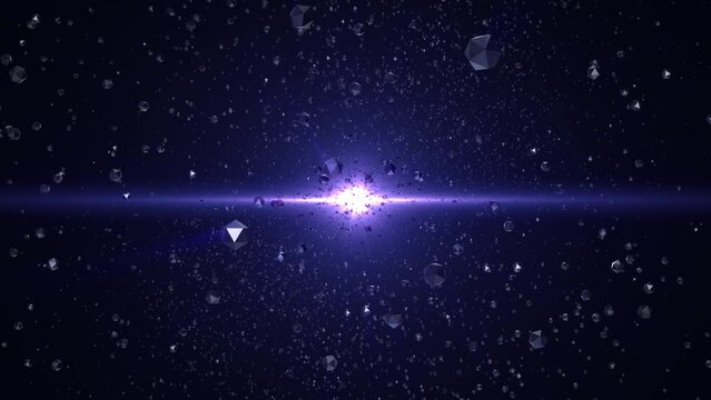 Flying through space with randomly rotating abstract 3D shapes , reflections on metal surfaces and a shining star on a dark purple background , motion graphics , video 4k , 60 fps