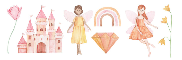 Set of watercolor illustrations fairy tale. Little girls with wings. Pink castle. Hand drawn.