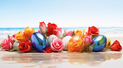 Colorful Roses With Colorful Eggs On Beach, Happy Easter Day, Generative Ai