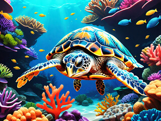 Fototapeta na wymiar Sea turtle underwater scene with coral