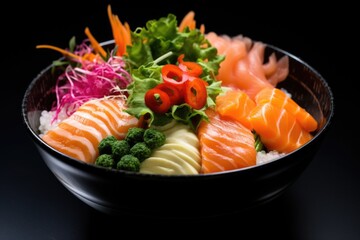 Healthy food salmon salad with vegetables in the bowl