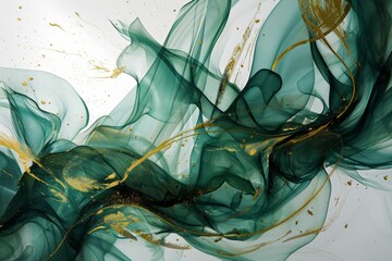 Enigmatic swirls of dark green petals entwined with shimmering gold lines, evoking an ethereal ink painting on a pristine white canvas generative ai