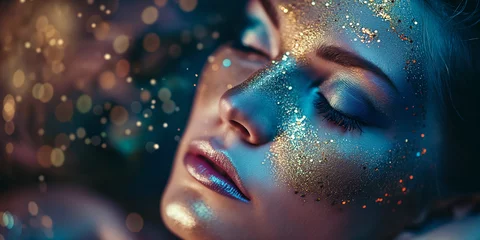 Schönes Model Gesicht einer Frau mit grandioser Visagistik und spezial Glitzer Effekten Nahaufnahme als Poster, ai generativ © www.freund-foto.de