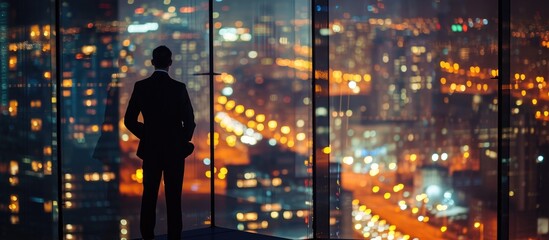 Businessperson admiring city lights from office building at night.