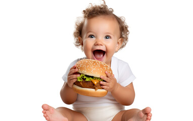 Little One Eating a Burger isolated on transparent Background