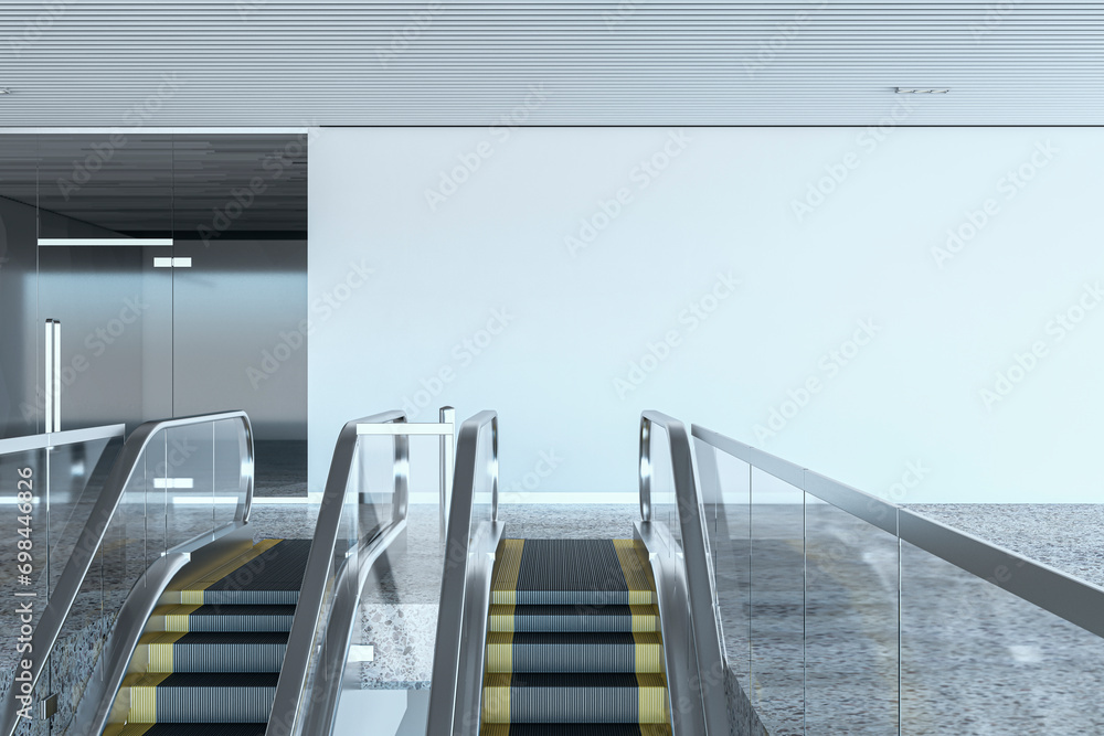 Poster Underground interior with escalator and mock up place on wall. 3D Rendering.