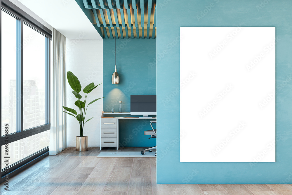 Aufkleber modern home office interior with empty white mock up banner. 3d rendering.