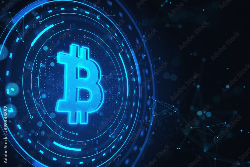 Poster glowing blue bitcoin backdrop. cryptocurrency and finance concept. 3d rendering.