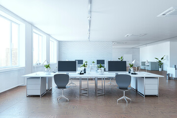 Contemporary coworking office interior with window and city view, furniture. 3D Rendering.