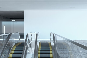Underground interior with escalator and mock up place on wall. 3D Rendering.