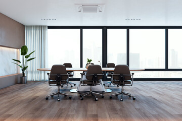 Contemporary meeting room interior with window and city view, waiting area. 3D Rendering.