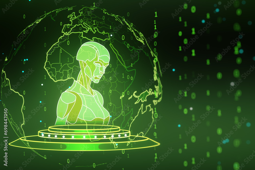 Poster Creative glowing robot hologram with globe on green background. Artificial intelligence, machine learning and chat gpt concept. 3D Rendering.