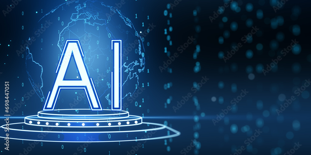 Fototapete Creative glowing AI hologram with globe. Artificial intelligence, machine learning and chat gpt concept. 3D Rendering.