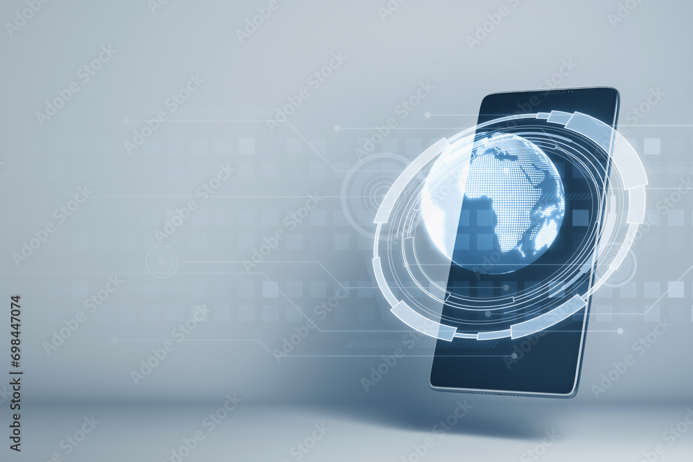 Aufkleber close up of smartphone with creative glowing globe hologram on concrete wall background with mock up