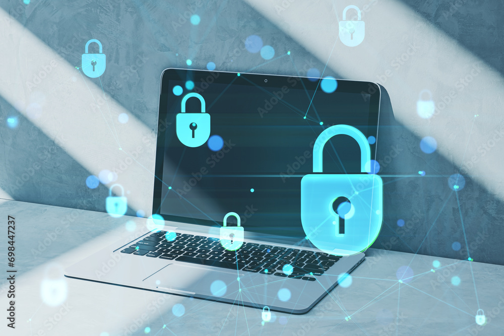 Poster Close up of laptop computer on desk with creative low poly plexus digital padlock interface on blurry background. Safety, security, hacking and data protection concept. Double exposure.