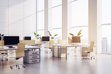 New light coworking office interior with panoramic window and sunlight, furniture and equipment. 3D Rendering.