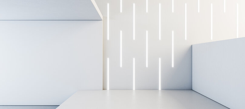 Wide white concrete interior with podium and linear lamps on wall. 3D Rendering.