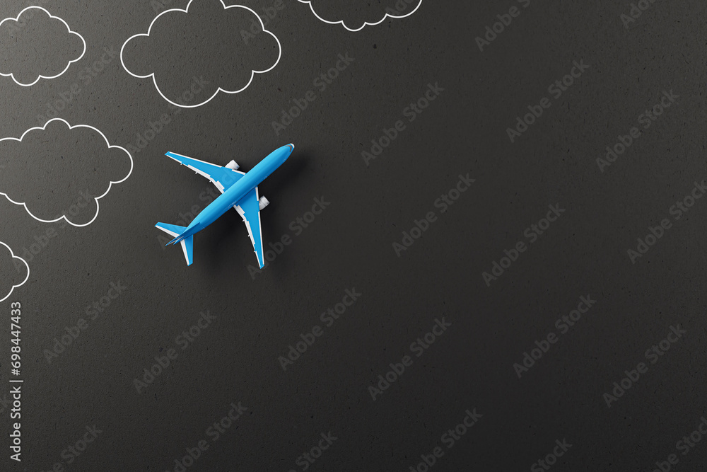 Poster creative white airplane and drawn clouds on black background with mock up place. 3d rendering.