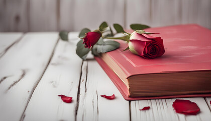 Rose with red book on white wooden table.