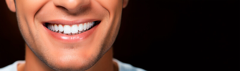 Dazzling white smile of a young man close-up. Dental services in the clinic. Straight white teeth. A dentist. Treatment of caries. Oral hygiene. Close-up portrait. Ultra wide banner. Copy space