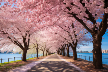 The beauty of cherry blossoms in full bloom in a park