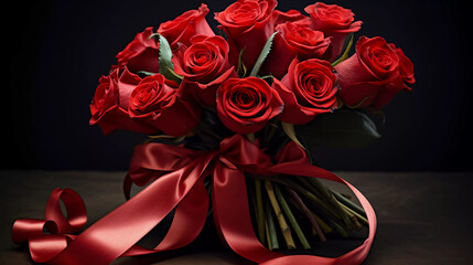 Bouquet of red roses tied with a red ribbon 