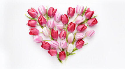 Tulips flowers folded in the shape of a heart. Bouquet of love on white background.