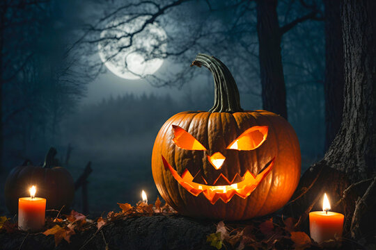 glowing pumpkin on the dark background halloween concept