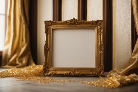 The empty picture frame is adorned with intricate golden silk threads, adding a touch of elegance and sophistication to the otherwise blank canvas.