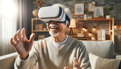 online education asian Senior Man wearing VR Headset with Living Room Background - obrazy, fototapety, plakaty