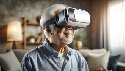 online education asian Senior Man wearing VR Headset with Living Room Background