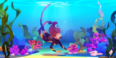 Fototapeten Young woman scuba diver in suit, mask and snorkel for underwater immersion swims in sea and explores corals, algae and sunken objects on sandy bottom. Cartoon vector marine landscape of diving concept © klyaksun