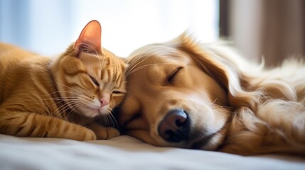 Cat and dog sleeping together. Kitten and golden retriever taking nap. Home pets. Animal care. Love and friendship. Domestic animals. - obrazy, fototapety, plakaty