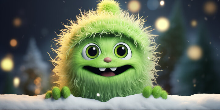 Kleines gr&uuml;nes s&uuml;&szlig;es Monster mit frechen Grimassen und glubbsch Augen cartoon im Querformat, ai generativ