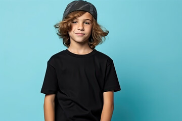 Cute boy in black t-shirt and cap. Kids t-shirt mockup. - obrazy, fototapety, plakaty