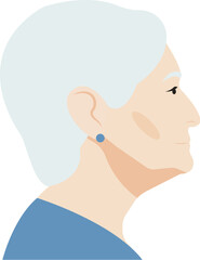 Elderly woman profile portrait with short gray hair. Grandmother in profile. Isolated simple flat style vector.