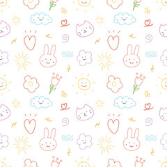 color kawaii doodle cartoon hand drawn seamless pattern background included cat, cloud, rabbit, heart etc. for wrapping, wallpaper and illustration