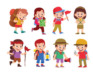 Set of adventure kids cartoon characters with various activities, kids holding lantern, compass, flag, map and flashlight, Cute hiking kids doing summer activities, Outdoor nature tourism travelling.