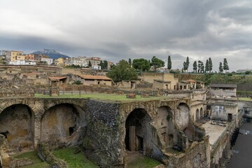 view of the excavated ancient Roman city of Herculaneum near Napoli