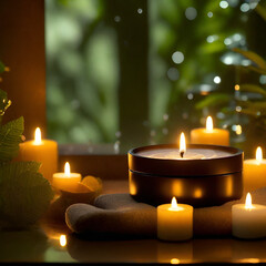 Fototapeta na wymiar relaxing beauty and spa treatment accessories with candles, oil, beautiful background