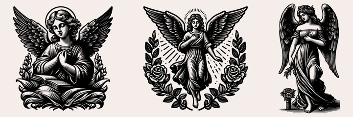 Angel woman set, greek mythology statue, vector illustration.