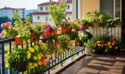 Fototapeta na wymiar A Lush Oasis on the Balcony: A Colorful Display of Potted Plants and Flowers