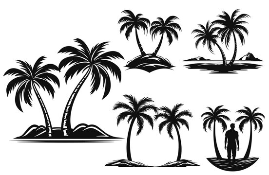 Set of palm trees and coconut tree silhouette, vector illustration.