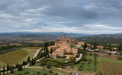 aerial view of the Poggio alle Mura Castle and Villa Banfi wine resort in Tuscany