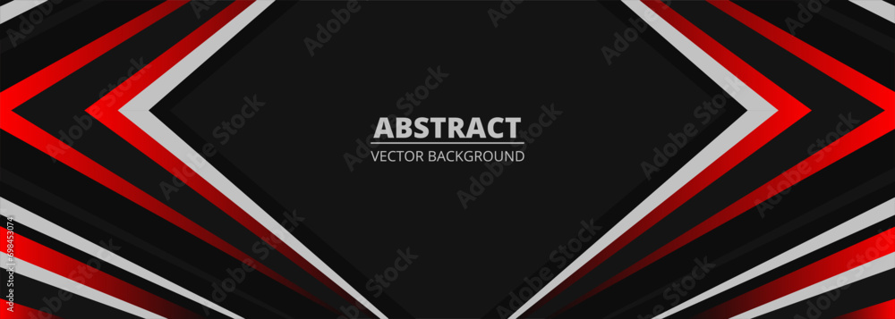 Poster black abstract wide horizontal banner with red and gray lines and shapes. dark modern sporty bright 