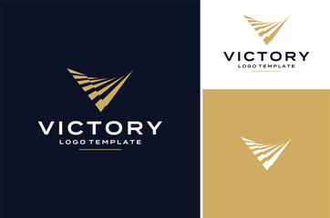 Initial Letter V Victory with Waving Fluttering Golden Ribbon Stripes Flag Pennant Pennon Banner Badge Emblem Logo - obrazy, fototapety, plakaty