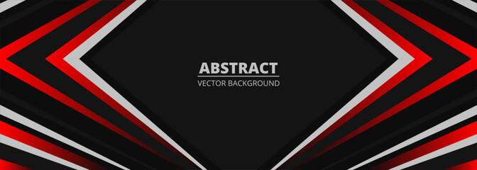 Black abstract wide horizontal banner with red and gray lines and shapes. Dark modern sporty bright futuristic horizontal abstract background. Wide vector illustration EPS10. - obrazy, fototapety, plakaty