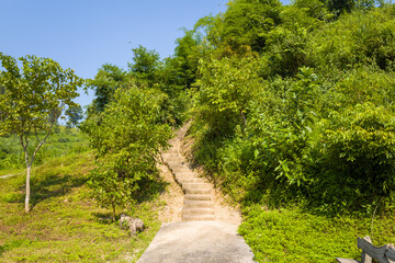 The Beatrice fortified position and its trenches on a green mountain, Asia, Vietnam, Tonkin, Dien Bien Phu, in summer, on a sunny day.