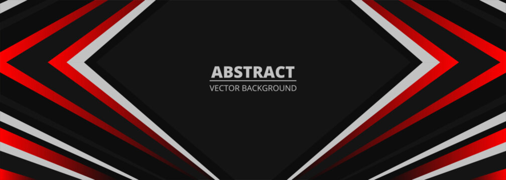 Black abstract wide horizontal banner with red and gray lines and shapes. Dark modern sporty bright futuristic horizontal abstract background. Wide vector illustration EPS10.
